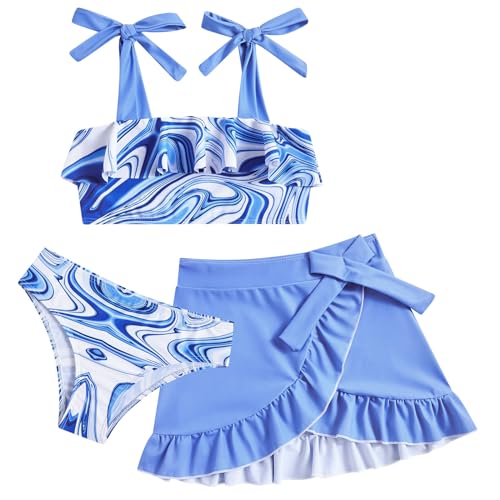 Girls blue fluid 3 piece swimsuit set with bikini top, matching bottoms and cover up skirt, cute summer swimwear for kids.