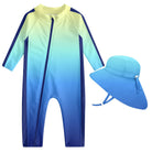 Toddler girls blue gradient long sleeve rash guard swimsuit with front zipper and matching sun hat for swimming and summer water activities.
