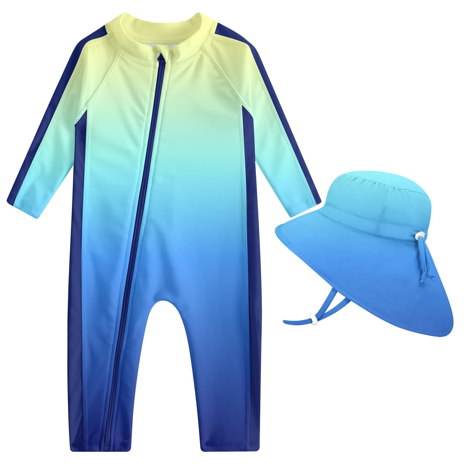 Toddler girls blue gradient long sleeve rash guard swimsuit with front zipper and matching sun hat for swimming and summer water activities.