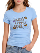 Girls blue graphic ruched side T shirt with short sleeves and flattering fit, comfortable casual top for everyday wear.