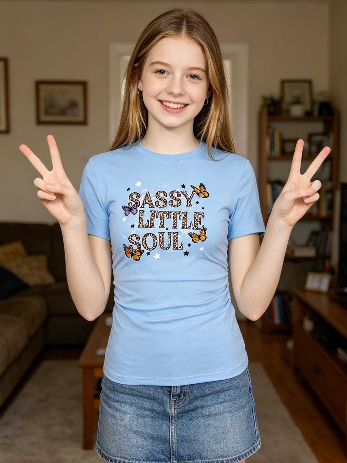 Girl wearing a blue graphic short sleeve tee with casual styling, perfect for school, travel and everyday activities.