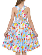 Girls blue ice cream print rainbow strap sundress with playful summer pattern, comfortable dress for warm weather.