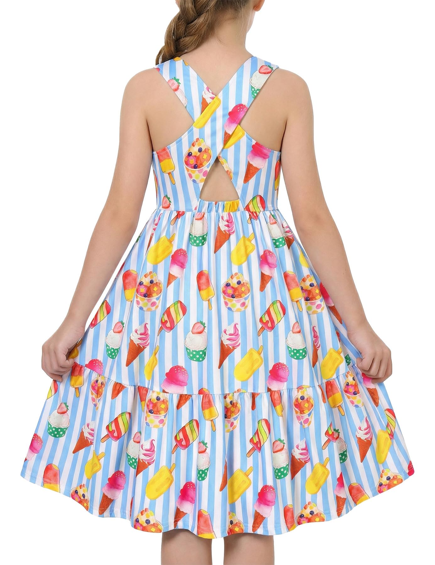 Girls blue ice cream print rainbow strap sundress with playful summer pattern, comfortable dress for warm weather.