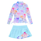 Girls ocean jellyfish print long sleeve swimsuit set with skirt bottom, cute beachwear designed for summer swimming activities.