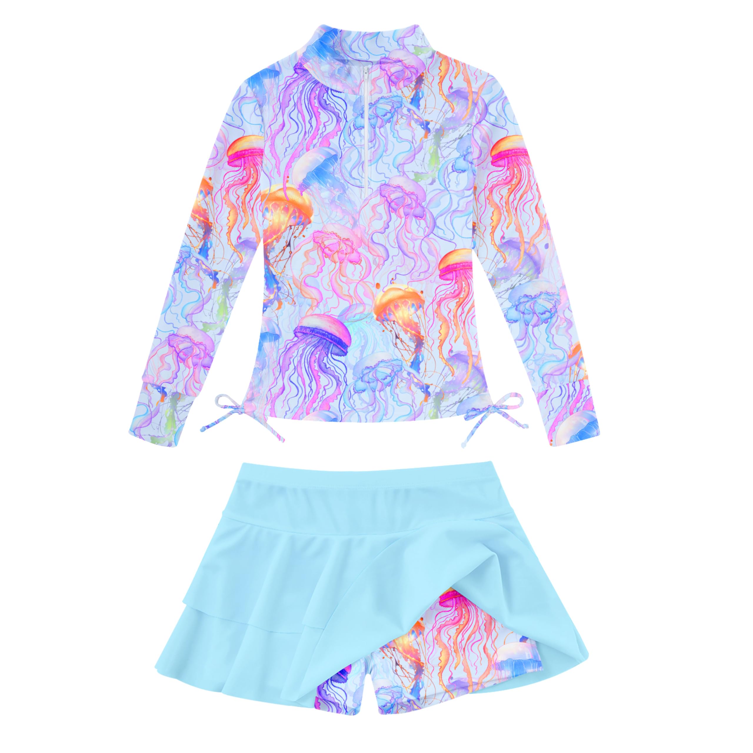 Girls ocean jellyfish print long sleeve swimsuit set with skirt bottom, cute beachwear designed for summer swimming activities.