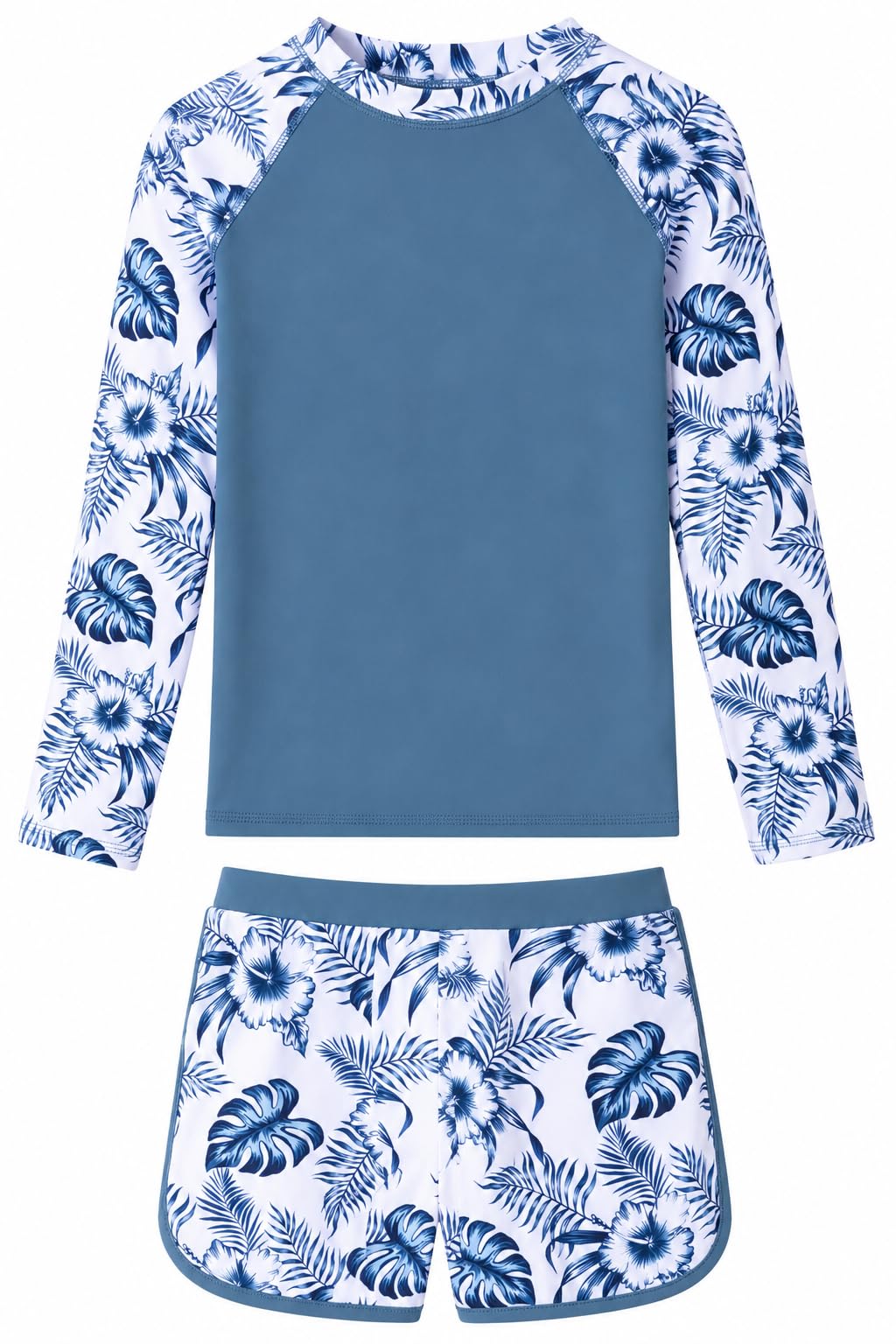 Girls blue leaves long sleeve rash guard swimsuit set with printed swim top and matching bottoms, designed for beach trips, pools and vacations.