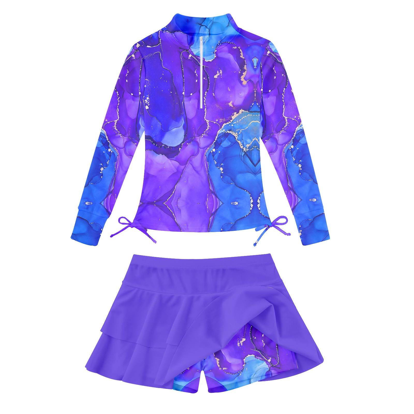 Girls blue marble pattern long sleeve swimsuit with skirted swim bottoms, unique printed swimwear for summer beach adventures.