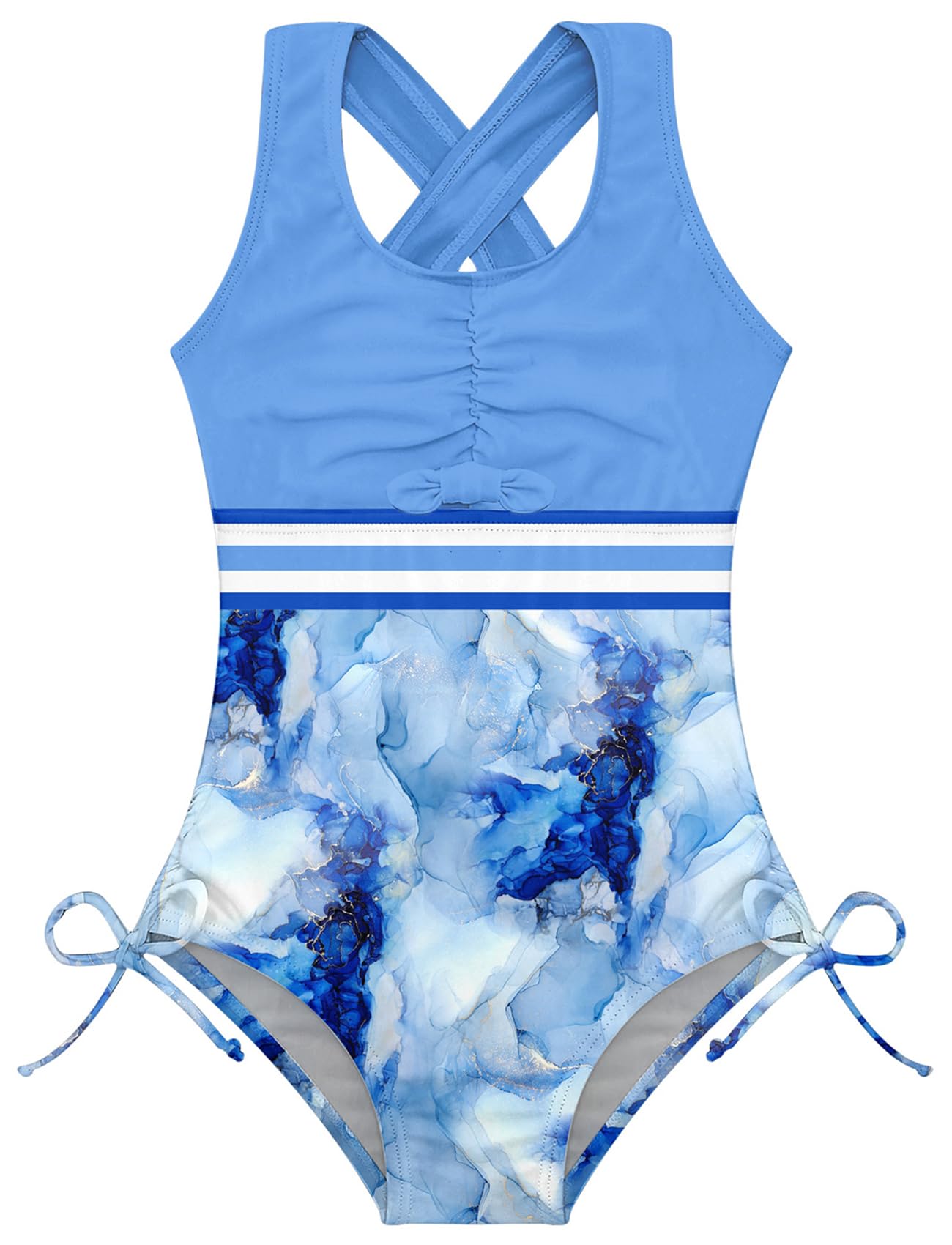 Girls blue marble one piece swimsuit with printed pattern, cross back straps and quick dry stretch fabric for swimming.