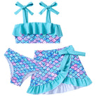 Girls blue mermaid swimsuit set with ruffle skirt cover up, adorable kids swimwear for beach and pool days.