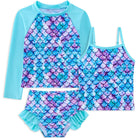 Girls blue mermaid tankini swim set with long sleeve rash guard and shorts, ocean inspired kids swimwear for summer vacations.