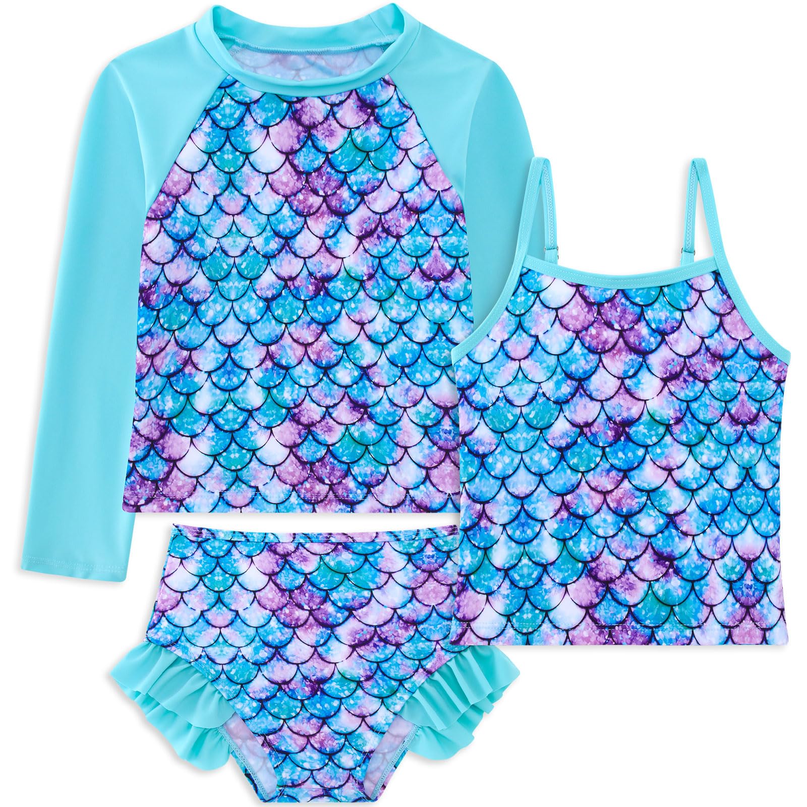 Girls blue mermaid tankini swim set with long sleeve rash guard and shorts, ocean inspired kids swimwear for summer vacations.
