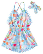 Girls blue ocean cotton blend romper dress with matching headband, cute summer outfit for toddlers and little girls.