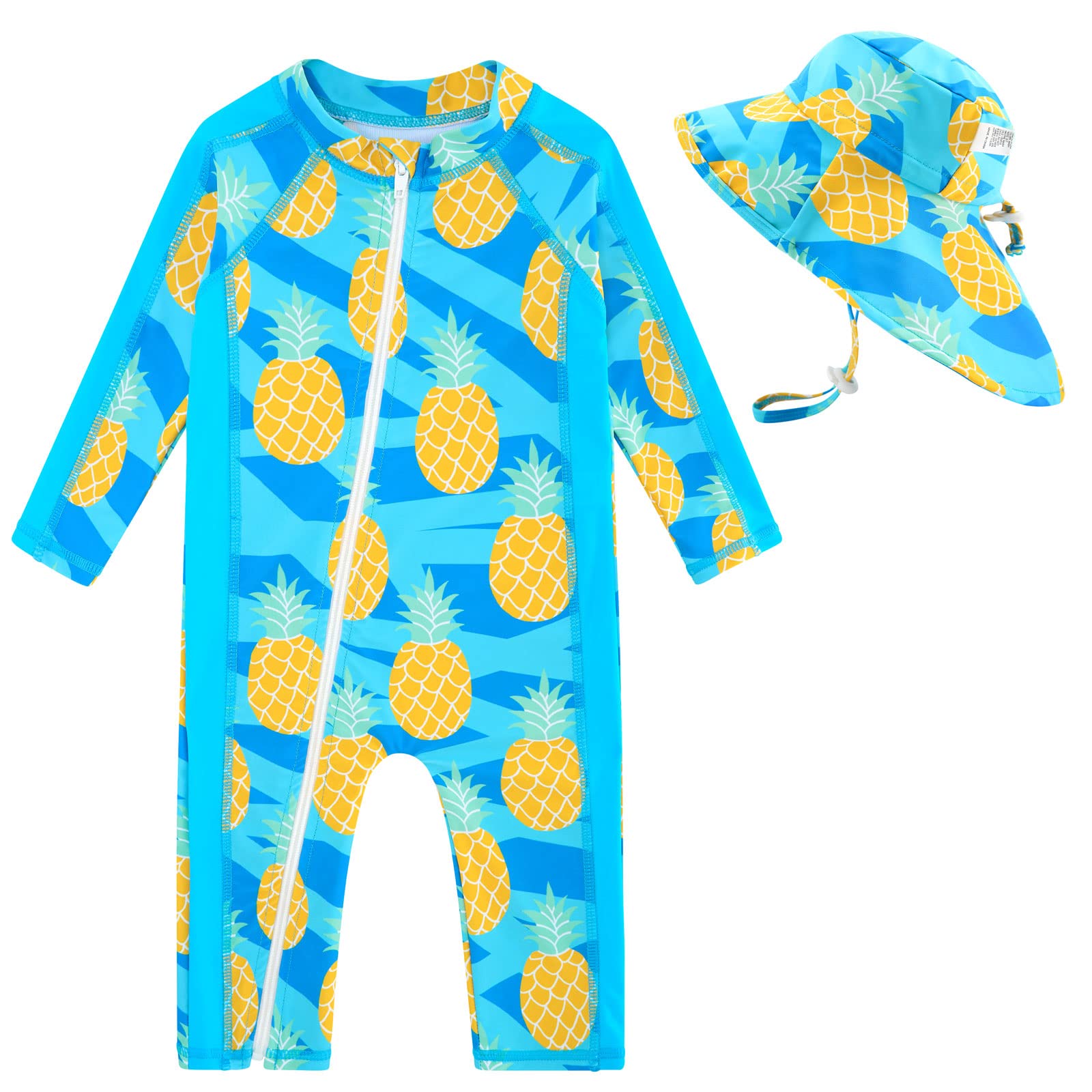 Toddler girls blue pineapple print long sleeve rash guard swimsuit with matching sun hat and full coverage design for beach and pool days.