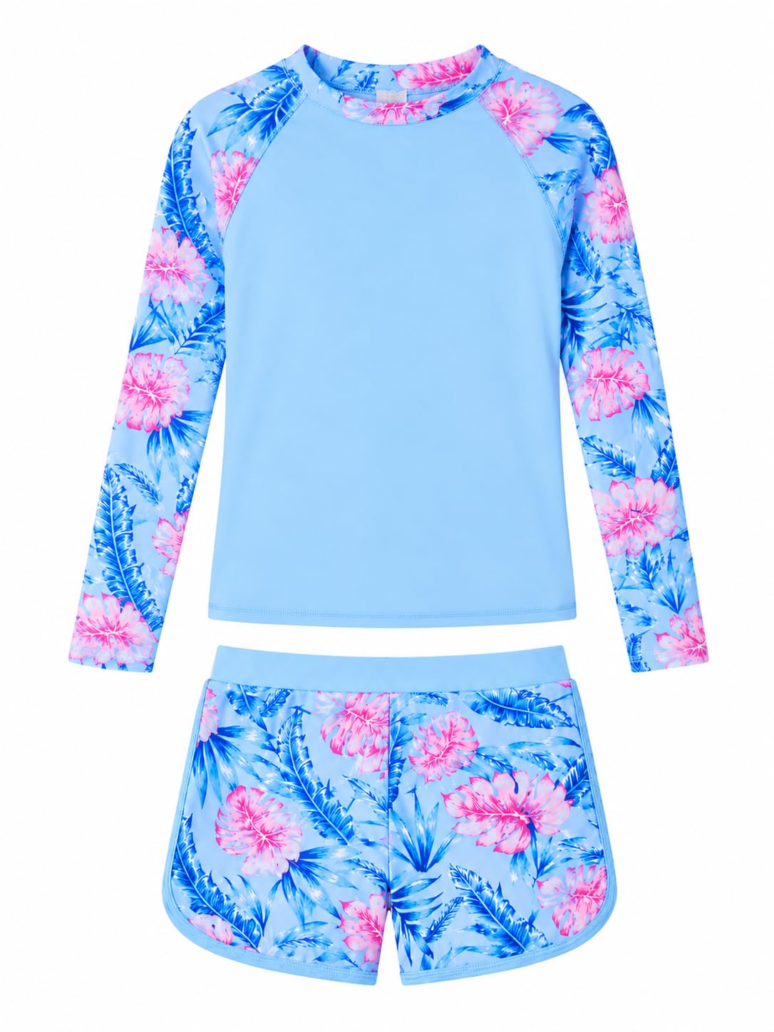 Girls blue printed long sleeve rash guard swimsuit set with matching swim shorts, removable pads and comfortable stretch material for water activities.