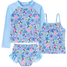Girls blue printed tankini rash guard set with three piece design, comfortable swimwear for pool and beach activities.