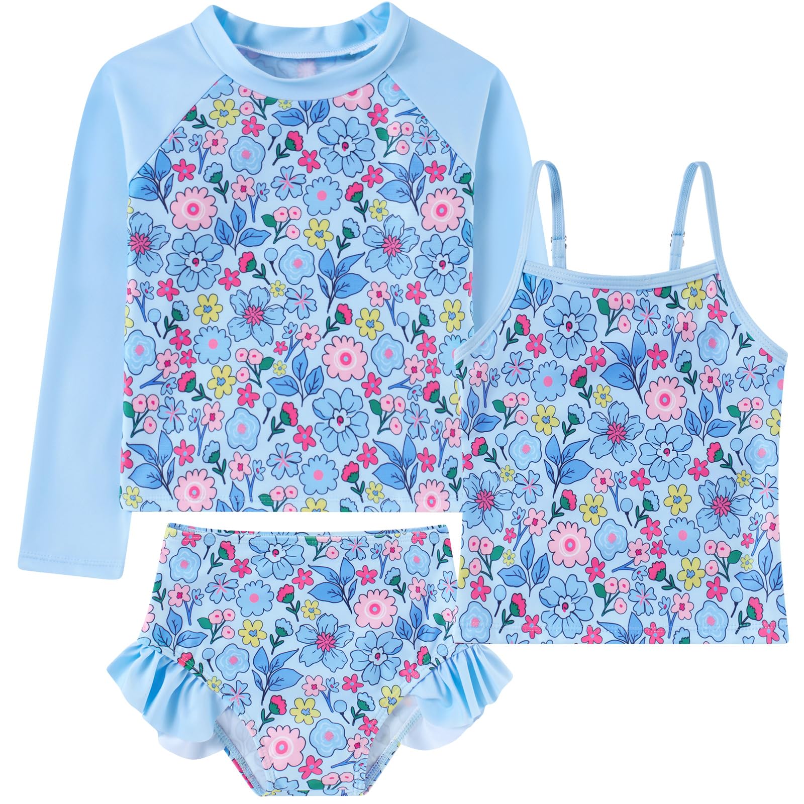 Girls blue printed tankini rash guard set with three piece design, comfortable swimwear for pool and beach activities.