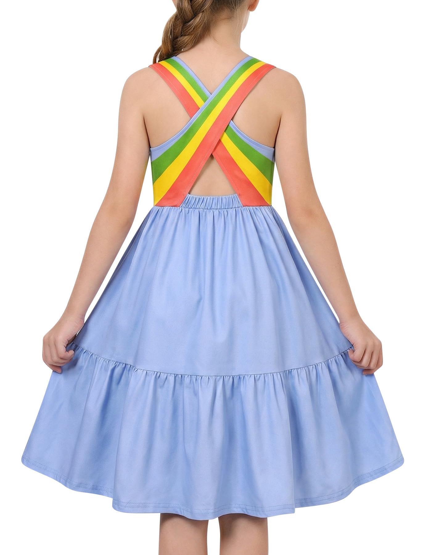 Girls blue rainbow strap sundress with colorful shoulder straps, lightweight casual dress for summer days and holidays.