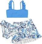 Girls blue 3 piece bikini swim set with ruffle shoulder top, blue floral bottoms and matching ruffle swim skirt for beach and pool days.