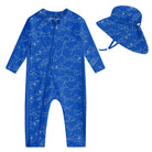 Toddler girls blue shark print full coverage rash guard swimsuit with long sleeves, zip front and matching sun hat.