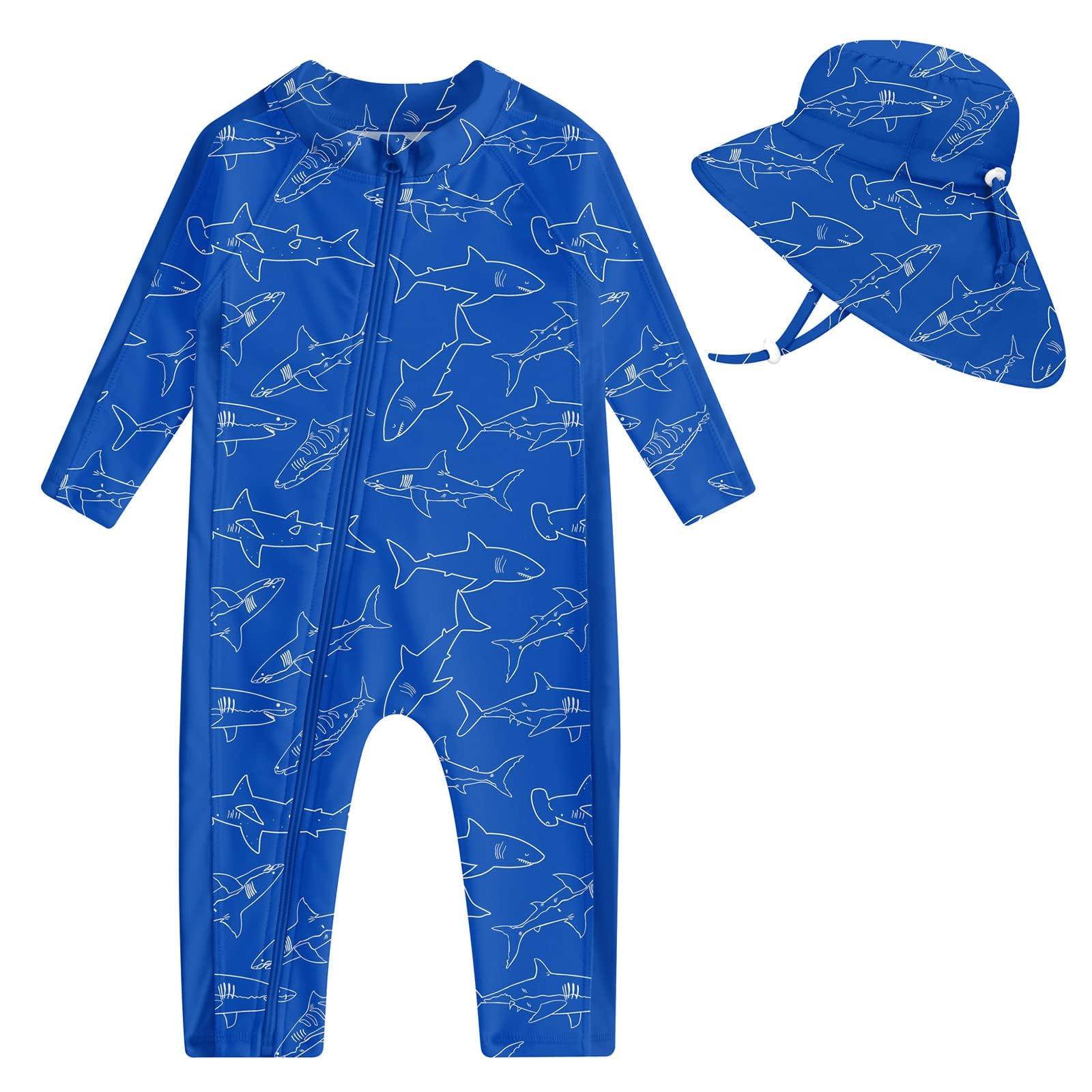 Toddler girls blue shark print full coverage rash guard swimsuit with long sleeves, zip front and matching sun hat.