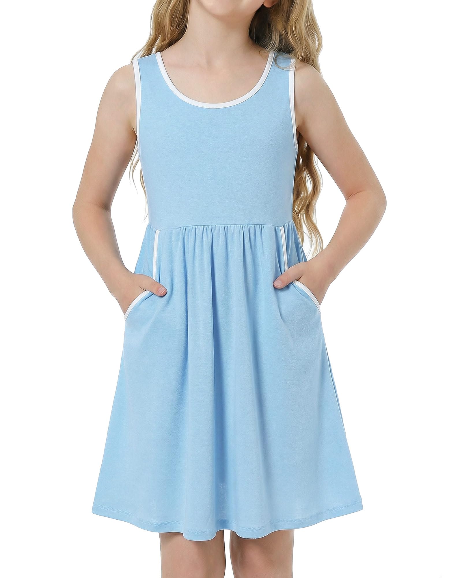 Girls blue sleeveless dress set with matching shorts, comfortable summer outfit with contrast trim and casual style.