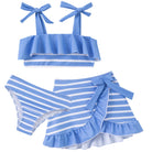 Girls blue stripe bikini swimsuit set with cover up skirt, comfortable kids swimwear for summer activities.