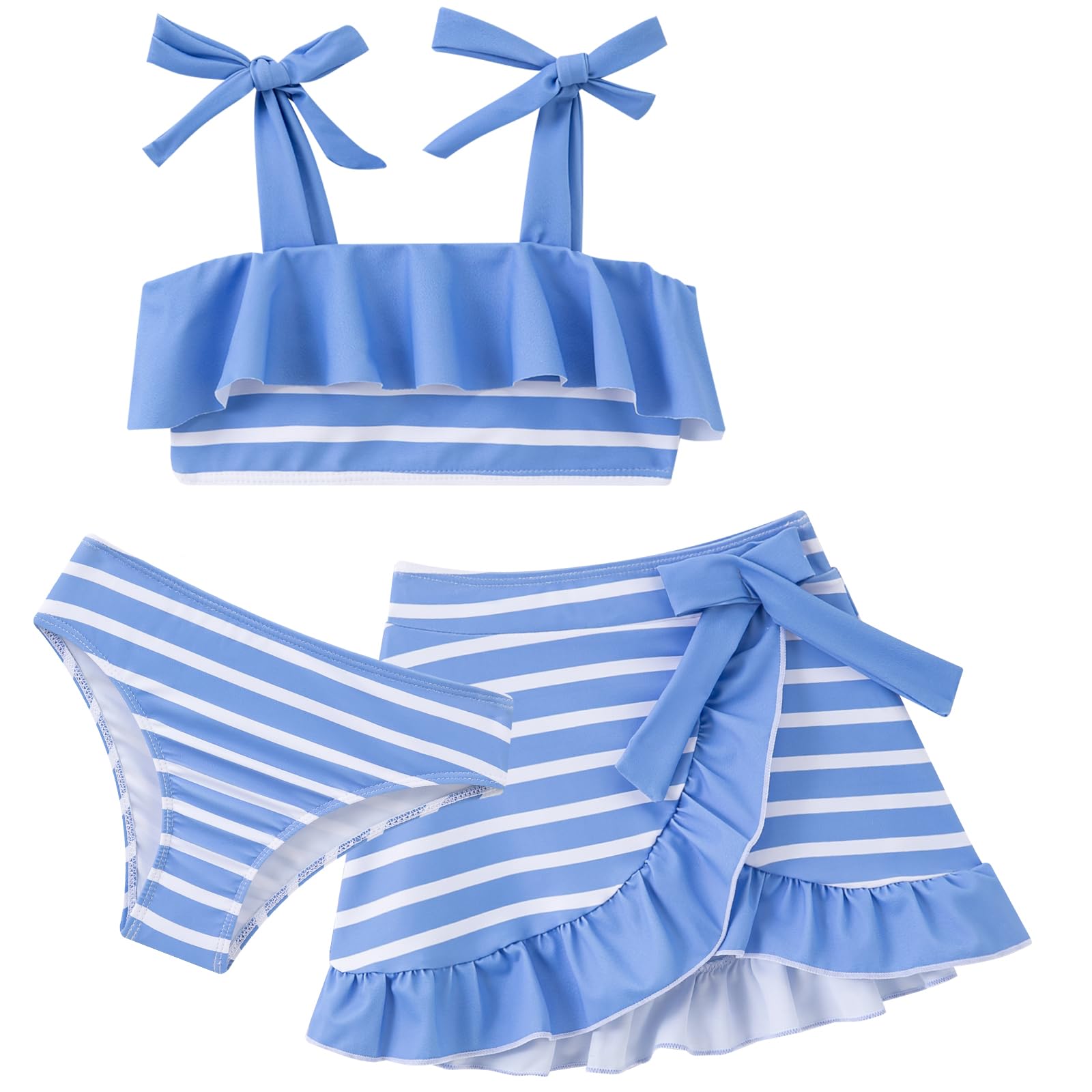 Girls blue stripe bikini swimsuit set with cover up skirt, comfortable kids swimwear for summer activities.