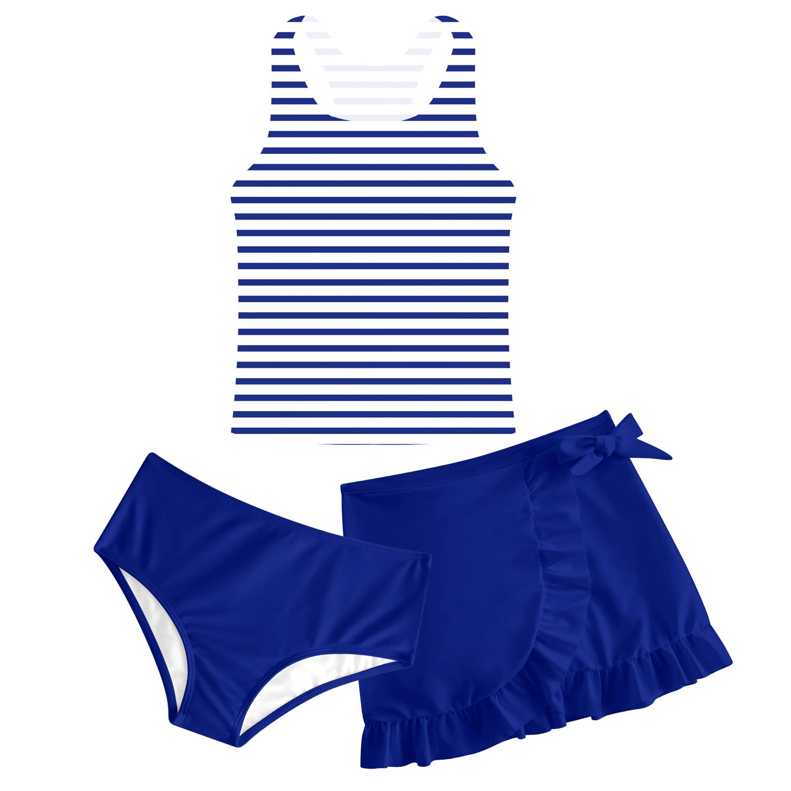 Girls blue striped tankini swimsuit set with matching briefs and ruffle swim skirt, classic summer swimwear for beach and pool activities.