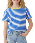 Girls blue striped short sleeve T shirt with soft cotton blend fabric, comfortable casual top for school and everyday wear.