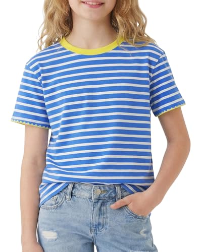 Girls blue striped short sleeve T shirt with soft cotton blend fabric, comfortable casual top for school and everyday wear.