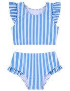 Girls blue striped two piece bikini set with ruffle shoulder top and matching swim bottoms for swimming, beach trips and pool days.