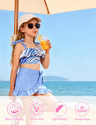 Girl wearing a blue 3 piece swimsuit set outdoors, showing a comfortable and playful summer swimwear style.