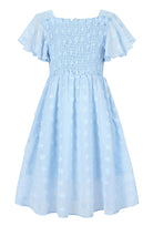 Girls blue Swiss dot chiffon dress with ruffle sleeves and elegant skirt design, perfect for weddings and special occasions.