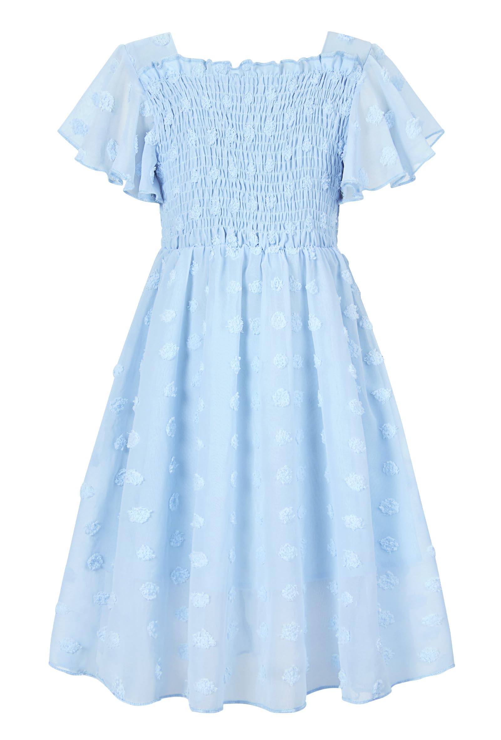 Girls blue Swiss dot chiffon dress with ruffle sleeves and elegant skirt design, perfect for weddings and special occasions.