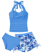 Light blue girls tankini swimsuit with matching bikini bottom and shorts