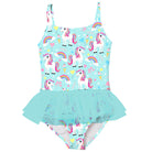 Girls blue unicorn tutu swim dress with cute printed bodice and layered mesh skirt, magical kids swimwear for pool days.