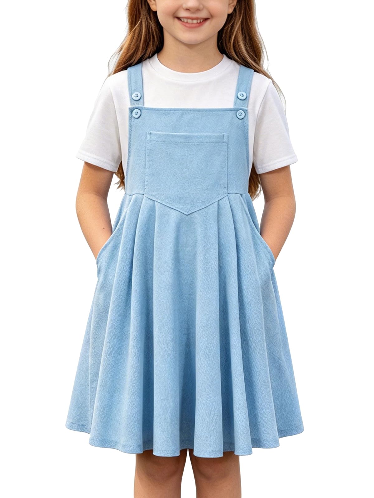 Girls blue waffle overall dress set with matching T shirt, cute layered outfit for school and casual occasions.