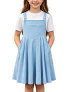 Girls blue waffle overall dress set with matching T shirt, cute layered outfit for school and casual occasions.