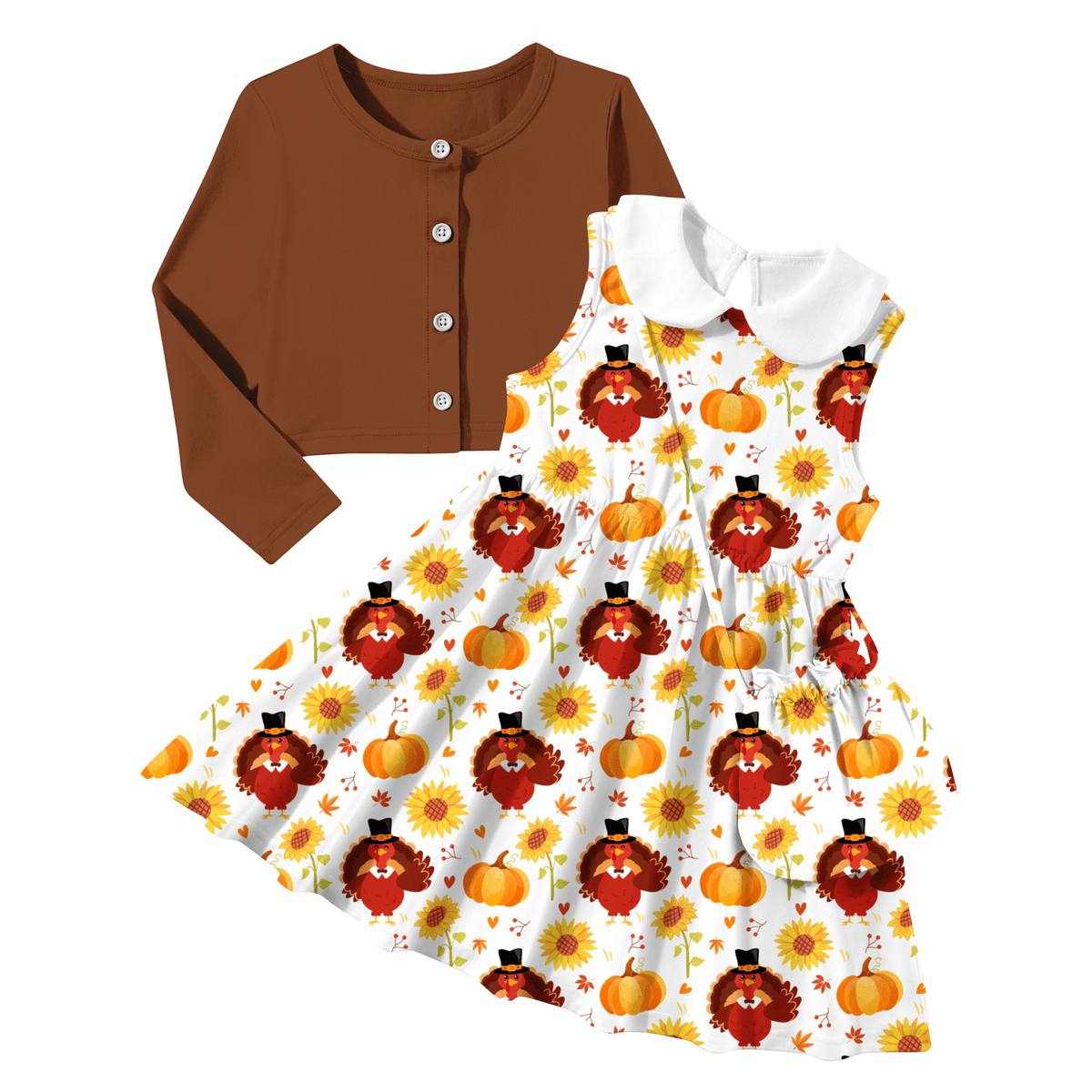 Girls brown floral dress and cardigan set displayed flat, featuring a sleeveless floral dress with a matching brown cardigan.