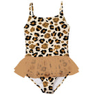 Girls brown leopard print tutu swimsuit with princess style mesh skirt, comfortable swimwear for beach and pool activities.