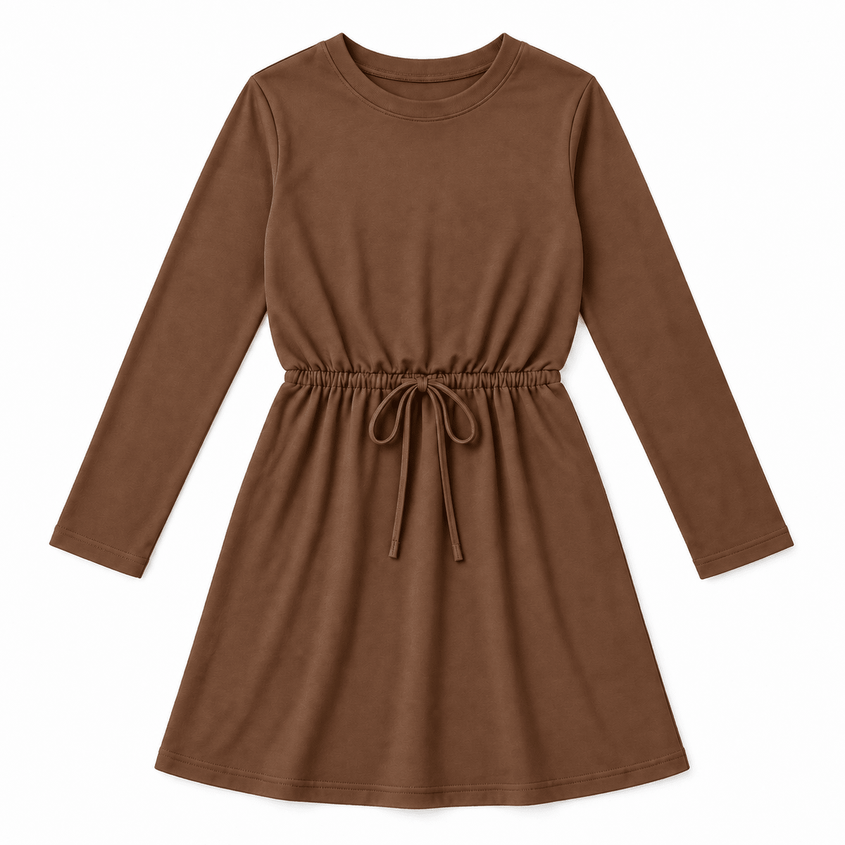 Girls brown long sleeve A-line dress with soft stretch fabric, crew neck design and classic swing silhouette for everyday wear.