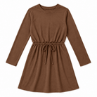 Girls brown long sleeve A-line dress with soft stretch fabric, crew neck design and classic swing silhouette for everyday wear.