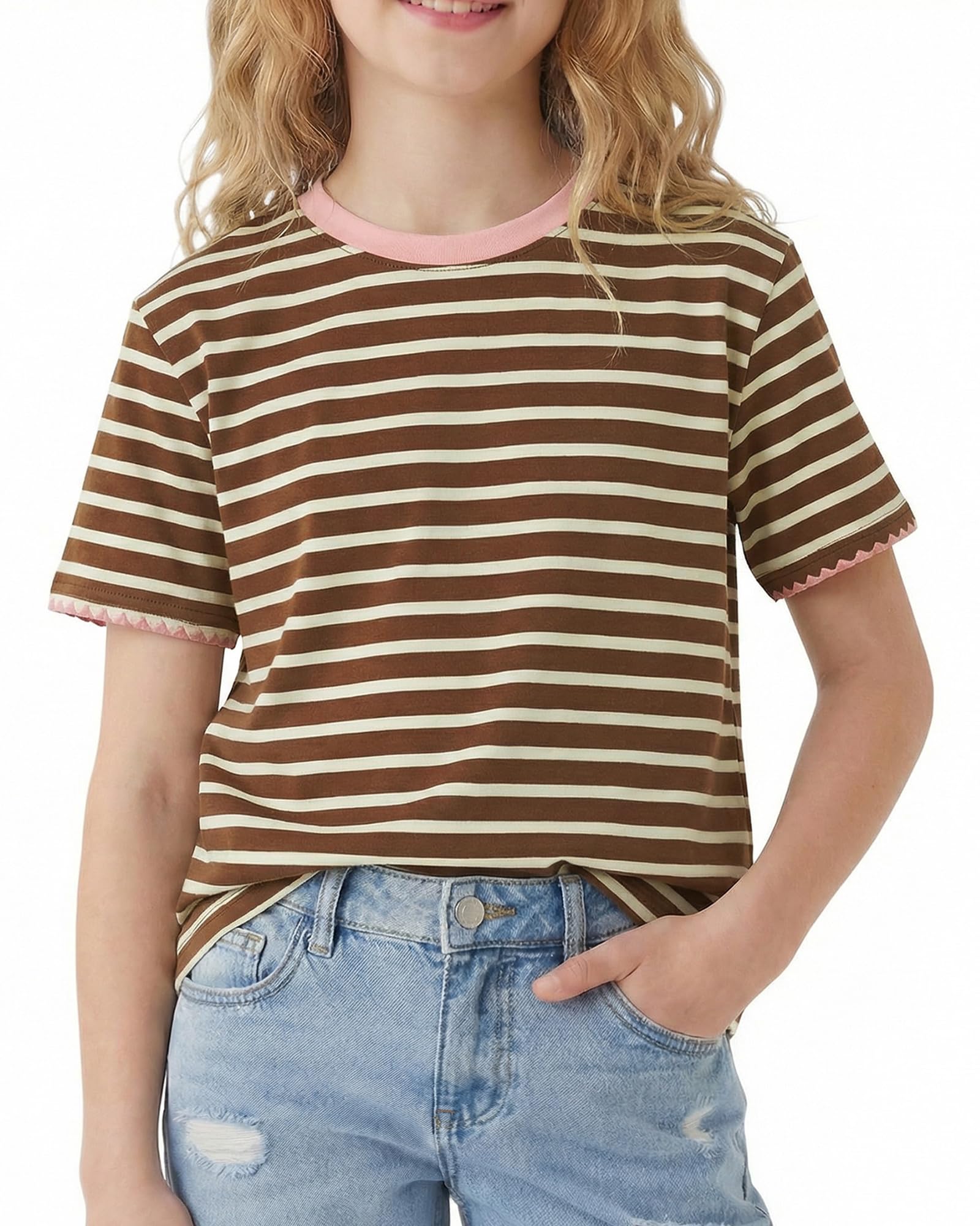 Girls brown striped cotton T shirt with comfortable stretch design, easy everyday top for school and outings.