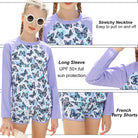 Girls butterfly print rash guard swimsuit set with stretchy neckline, long sleeves and comfortable swim shorts designed for active summer days.