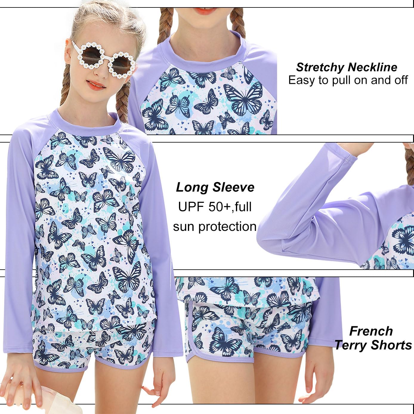 Girls butterfly print rash guard swimsuit set with stretchy neckline, long sleeves and comfortable swim shorts designed for active summer days.