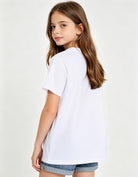 Back view of girls graphic T shirt showing relaxed fit and comfortable short sleeve design for everyday wear.