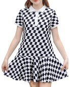 Girls checkerboard polo dress with collared design and A-line silhouette, unique casual dress for everyday occasions.
