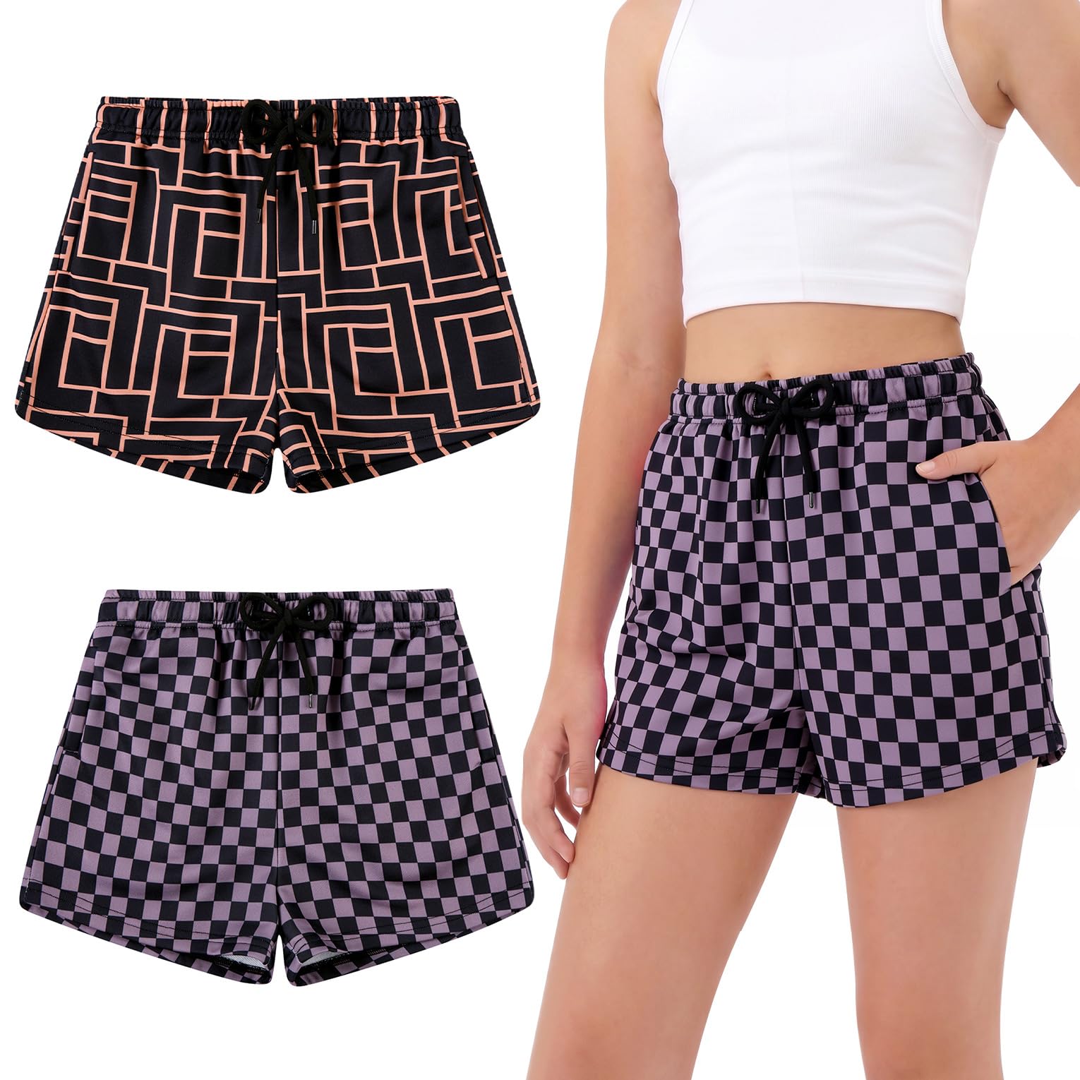 Girls checkerboard print casual shorts with comfortable elastic waist, perfect kids summer bottoms.