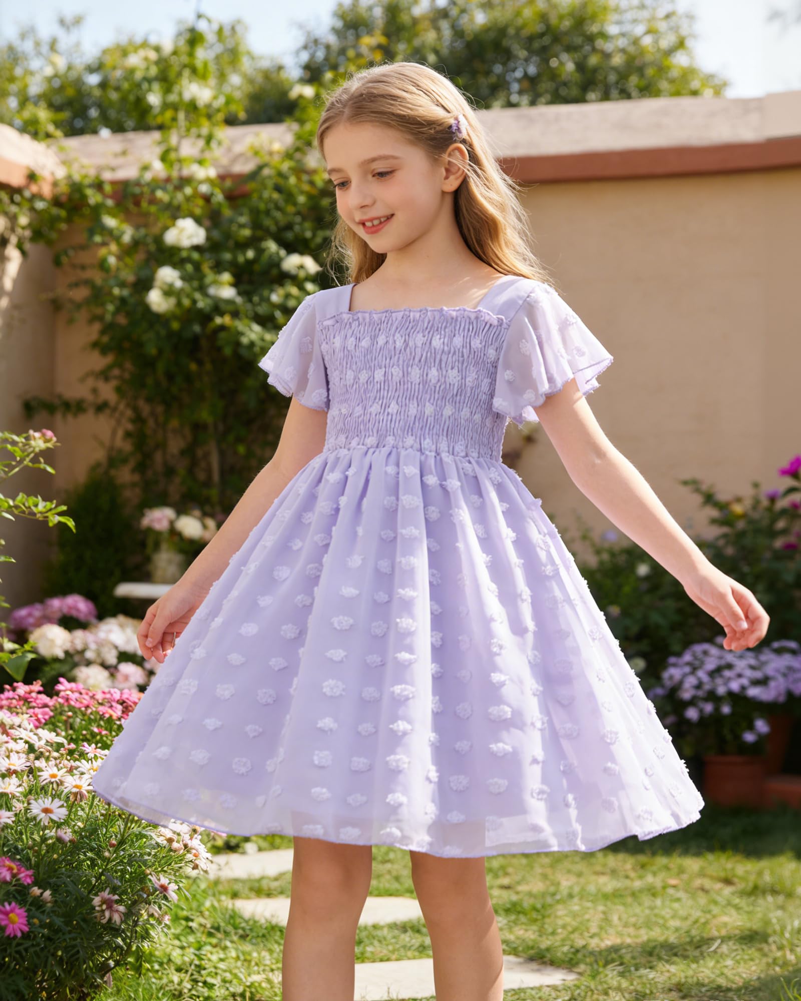 Girl wearing a flowing chiffon dress while playing outdoors, showcasing the lightweight skirt design and comfortable fit.