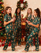 Girl wearing a Christmas print pajama set during a holiday gathering, showing the relaxed fit and festive seasonal style.